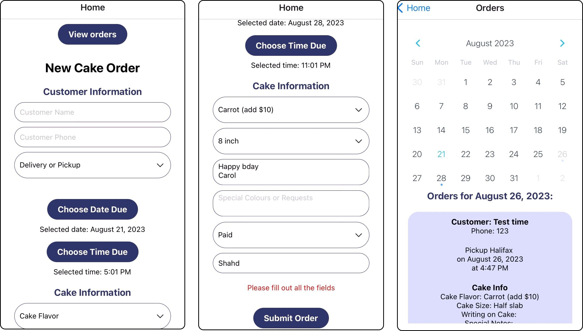 cake ordering app form